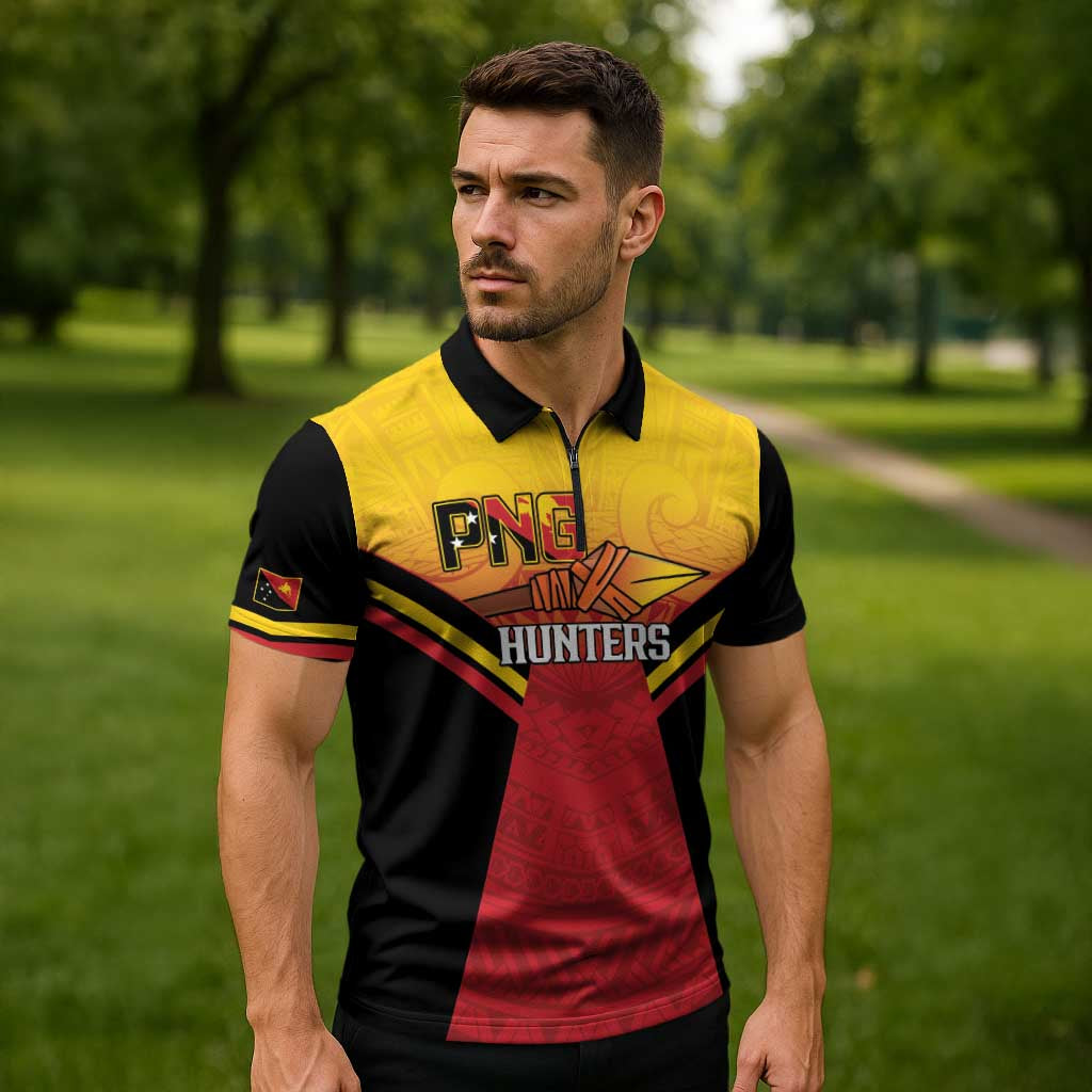 Papua New Guinea Rugby Custom Zipper Polo Shirt Go PNG Hunters Polynesian Pattern - Polynesian Pride
