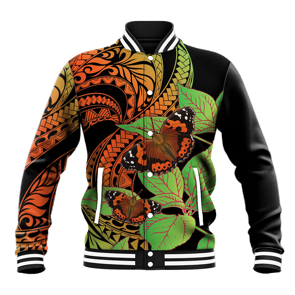 Kamehameha Butterfly Hawaii Baseball Jacket Hawaiian Pulelehua Mamaki Orange Green Color LT14 Unisex Multicolor - Polynesian Pride