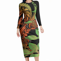 Kamehameha Butterfly Hawaii Long Sleeve Bodycon Dress Hawaiian Pulelehua Mamaki Orange Green Color LT14 Long Dress Multicolor - Polynesian Pride