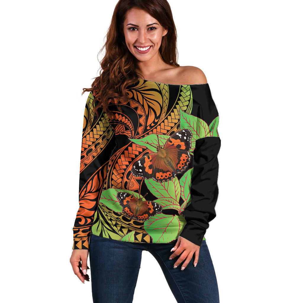 Kamehameha Butterfly Hawaii Off Shoulder Sweater Hawaiian Pulelehua Mamaki Orange Green Color LT14 Women Multicolor - Polynesian Pride