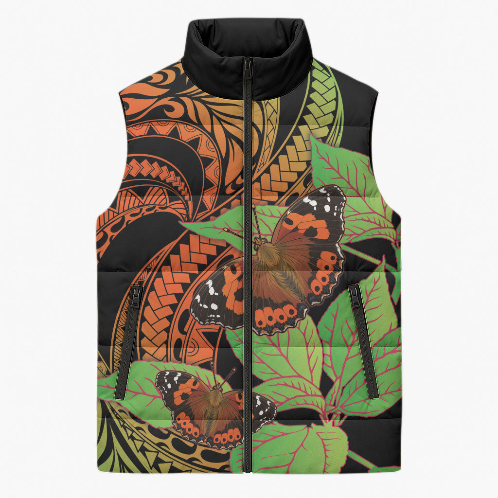 Kamehameha Butterfly Hawaii Sleeveless Puffer Jacket Hawaiian Pulelehua Mamaki Orange Green Color LT14 Unisex Multicolor - Polynesian Pride