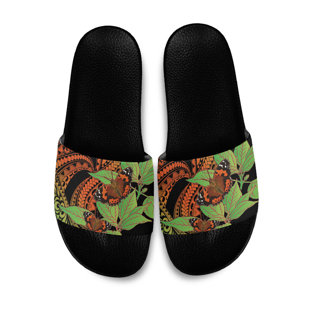 Kamehameha Butterfly Hawaii Slide Sandals Hawaiian Pulelehua Mamaki Orange Green Color