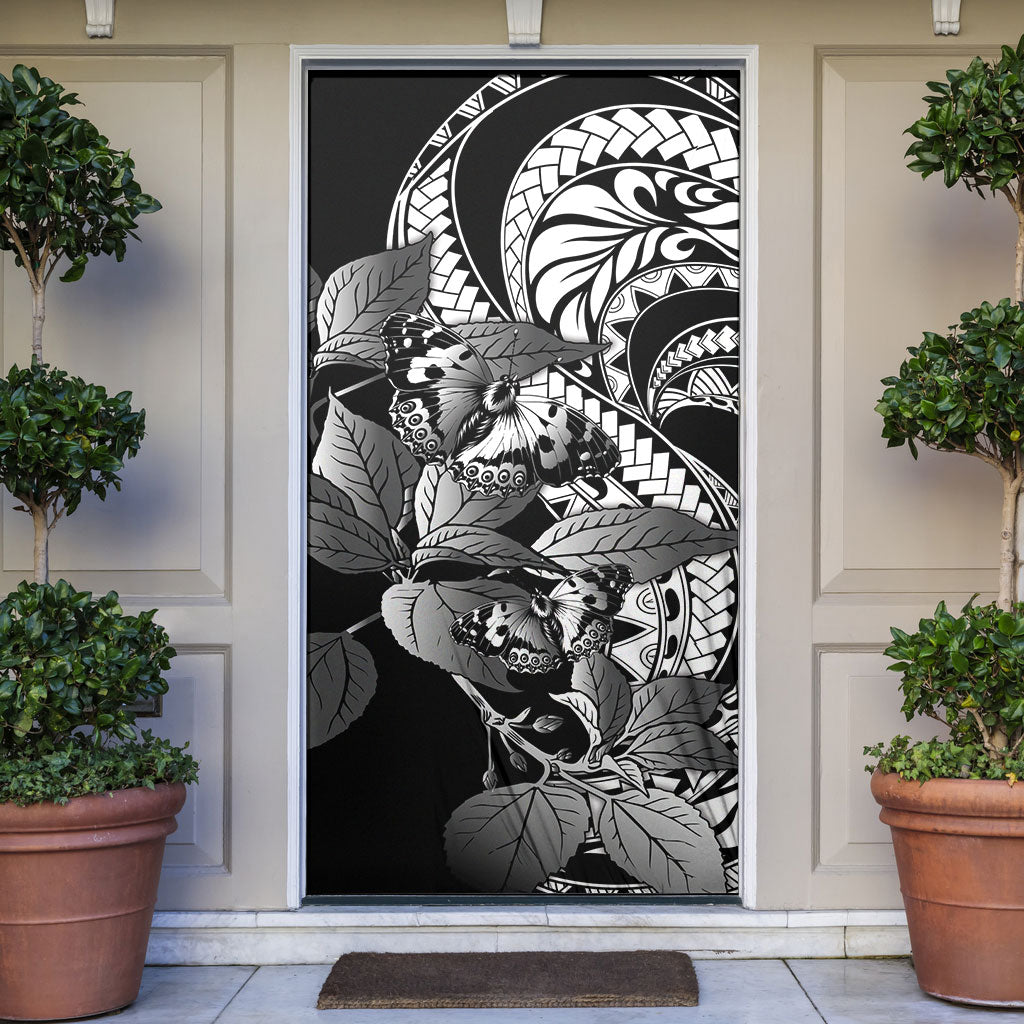 Kamehameha Butterfly Hawaii Door Cover Hawaiian Pulelehua Mamaki Black Color