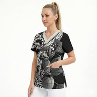 Kamehameha Butterfly Hawaii Scrub Top Hawaiian Pulelehua Mamaki Black Color LT14 - Polynesian Pride
