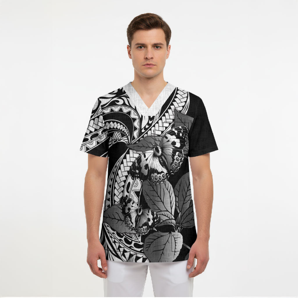 Kamehameha Butterfly Hawaii Scrub Top Hawaiian Pulelehua Mamaki Black Color LT14 - Polynesian Pride