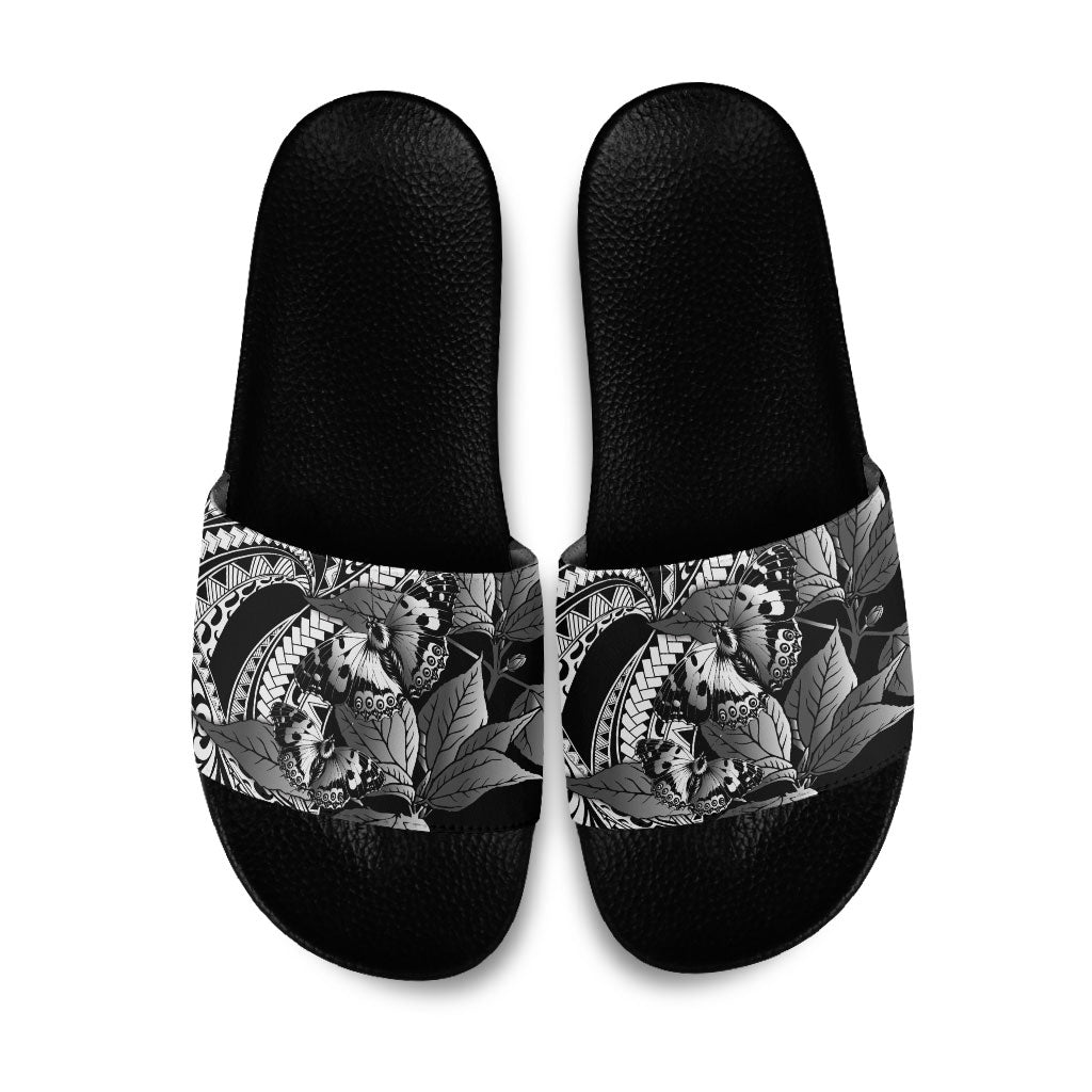 Kamehameha Butterfly Hawaii Slide Sandals Hawaiian Pulelehua Mamaki Black Color
