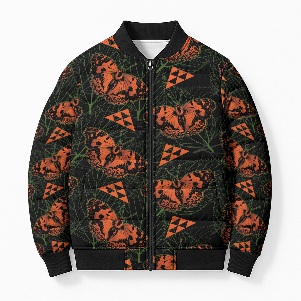 Kamehameha Butterfly Mamaki Hawaii Bomber Puffer Jacket Pulelehua Hawaiian Kakau Seamless Style LT14 Unisex Black - Polynesian Pride