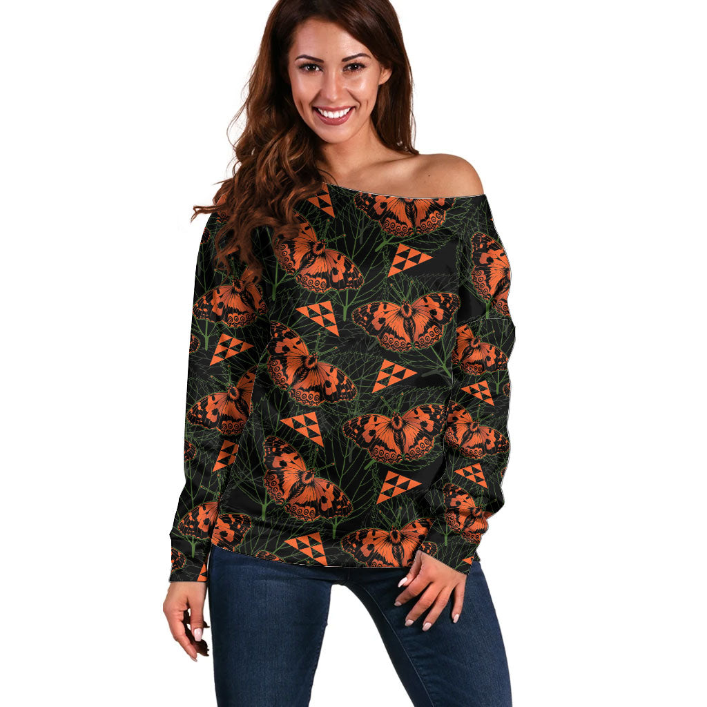 Kamehameha Butterfly Mamaki Hawaii Off Shoulder Sweater Pulelehua Hawaiian Kakau Seamless Style LT14 Women Black - Polynesian Pride