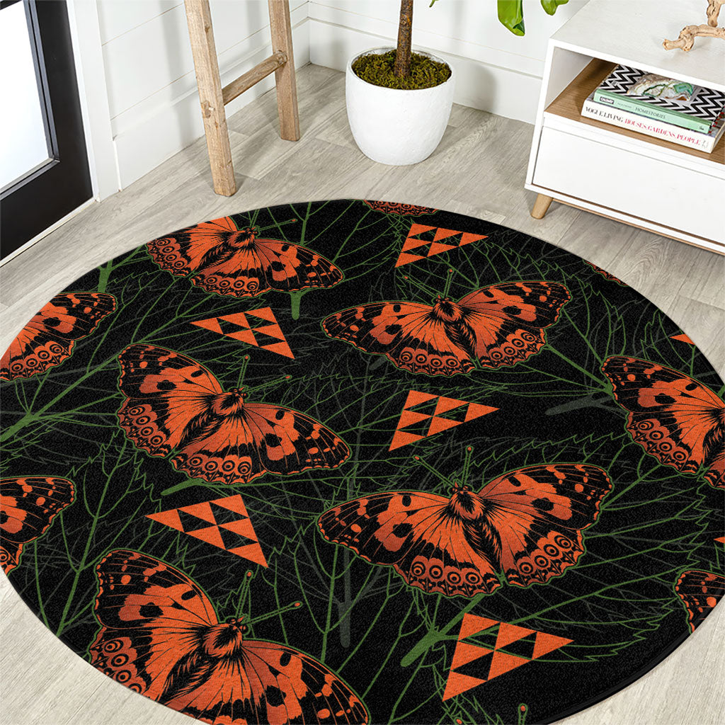 Kamehameha Butterfly Mamaki Hawaii Round Carpet Pulelehua Hawaiian Kakau Seamless Style LT14 Black - Polynesian Pride