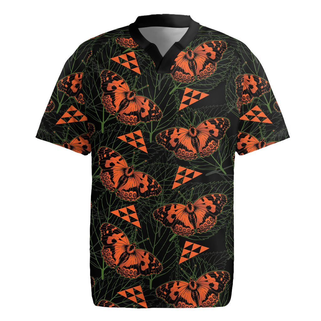 Kamehameha Butterfly Mamaki Hawaii Rugby Jersey Pulelehua Hawaiian Kakau Seamless Style LT14 Black - Polynesian Pride