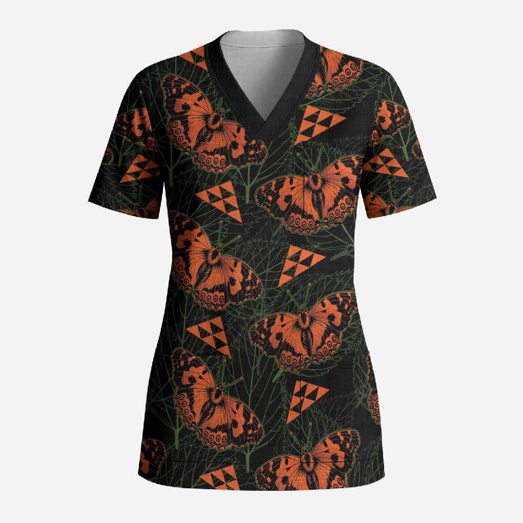 Kamehameha Butterfly Mamaki Hawaii Scrub Top Pulelehua Hawaiian Kakau Seamless Style LT14 Adult Black - Polynesian Pride