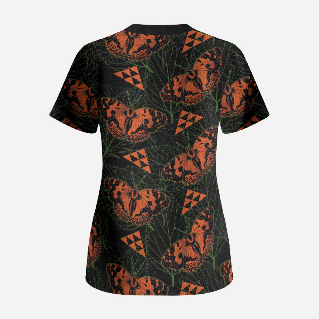 Kamehameha Butterfly Mamaki Hawaii Scrub Top Pulelehua Hawaiian Kakau Seamless Style LT14 - Polynesian Pride