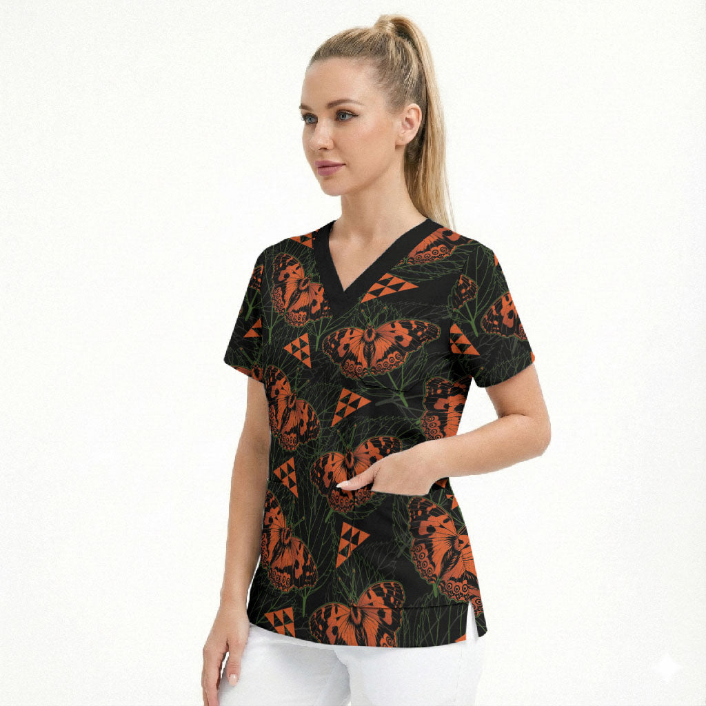 Kamehameha Butterfly Mamaki Hawaii Scrub Top Pulelehua Hawaiian Kakau Seamless Style LT14 - Polynesian Pride