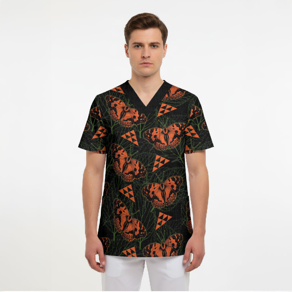 Kamehameha Butterfly Mamaki Hawaii Scrub Top Pulelehua Hawaiian Kakau Seamless Style LT14 - Polynesian Pride