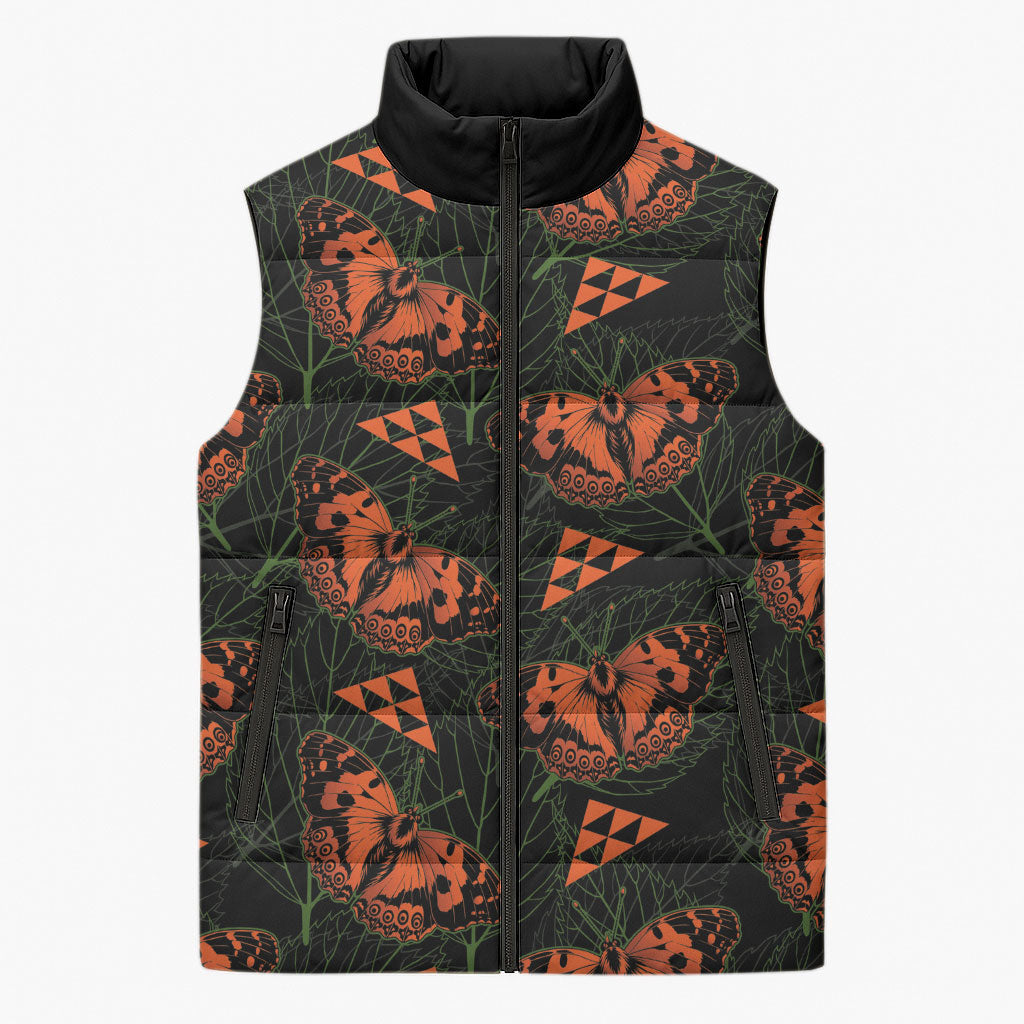 Kamehameha Butterfly Mamaki Hawaii Sleeveless Puffer Jacket Pulelehua Hawaiian Kakau Seamless Style LT14 Unisex Black - Polynesian Pride