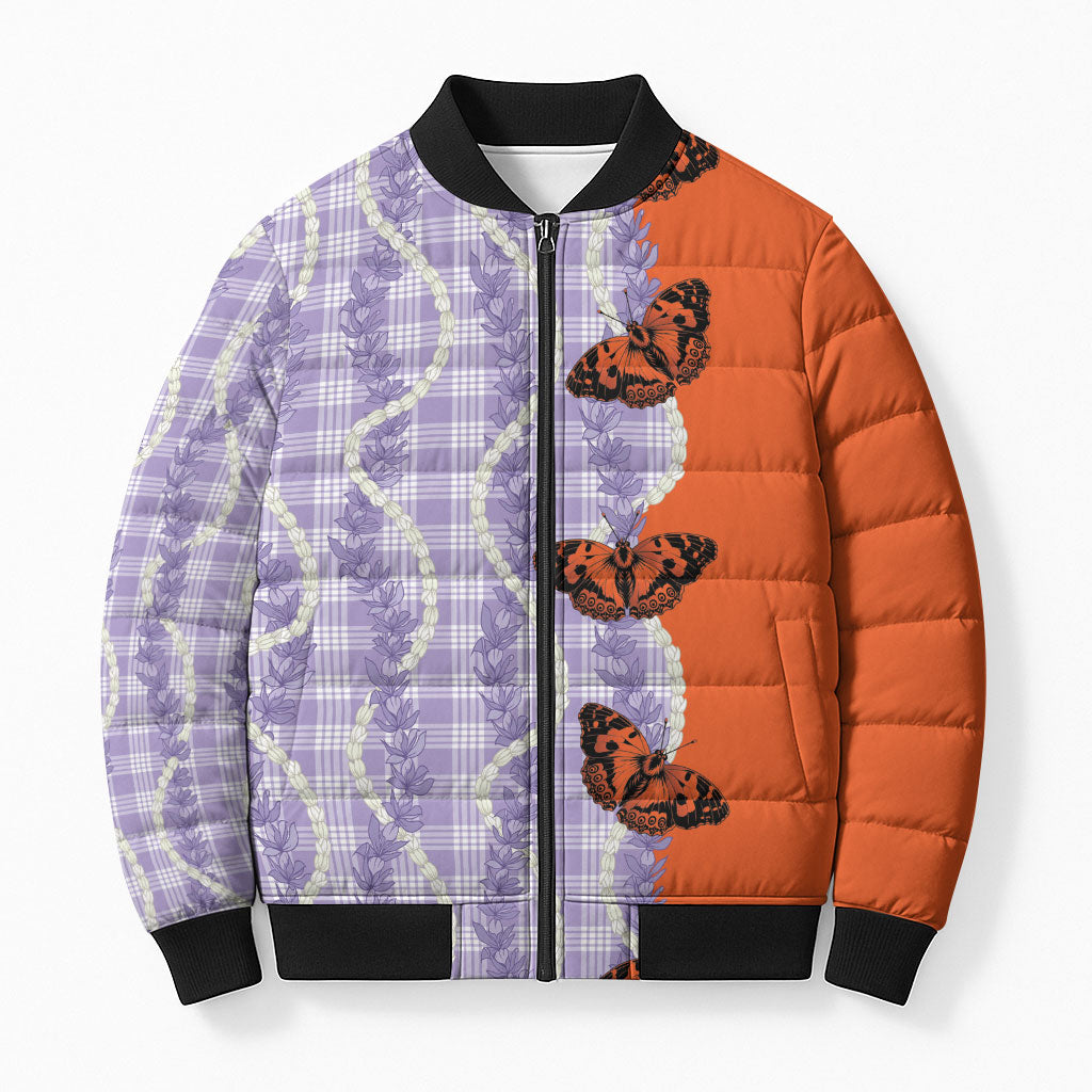 Kamehameha Butterfly Palaka Hawaii Bomber Puffer Jacket Pulelehua Honohono Pikake Lei LT14 Unisex Purple - Polynesian Pride