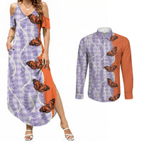 Kamehameha Butterfly Palaka Hawaii Couples Matching Summer Maxi Dress and Long Sleeve Button Shirt Pulelehua Honohono Pikake Lei LT14 Purple - Polynesian Pride