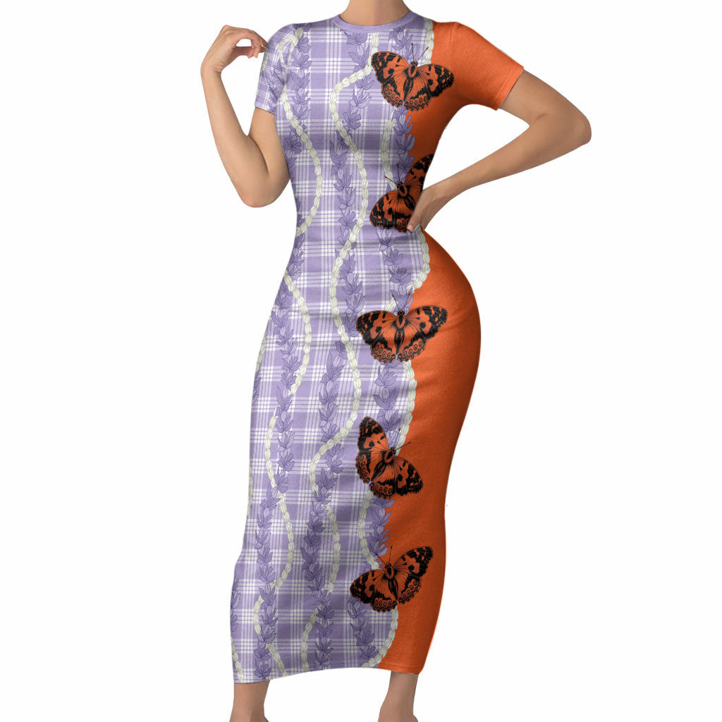 Kamehameha Butterfly Palaka Hawaii Short Sleeve Bodycon Dress Pulelehua Honohono Pikake Lei LT14 Long Dress Purple - Polynesian Pride
