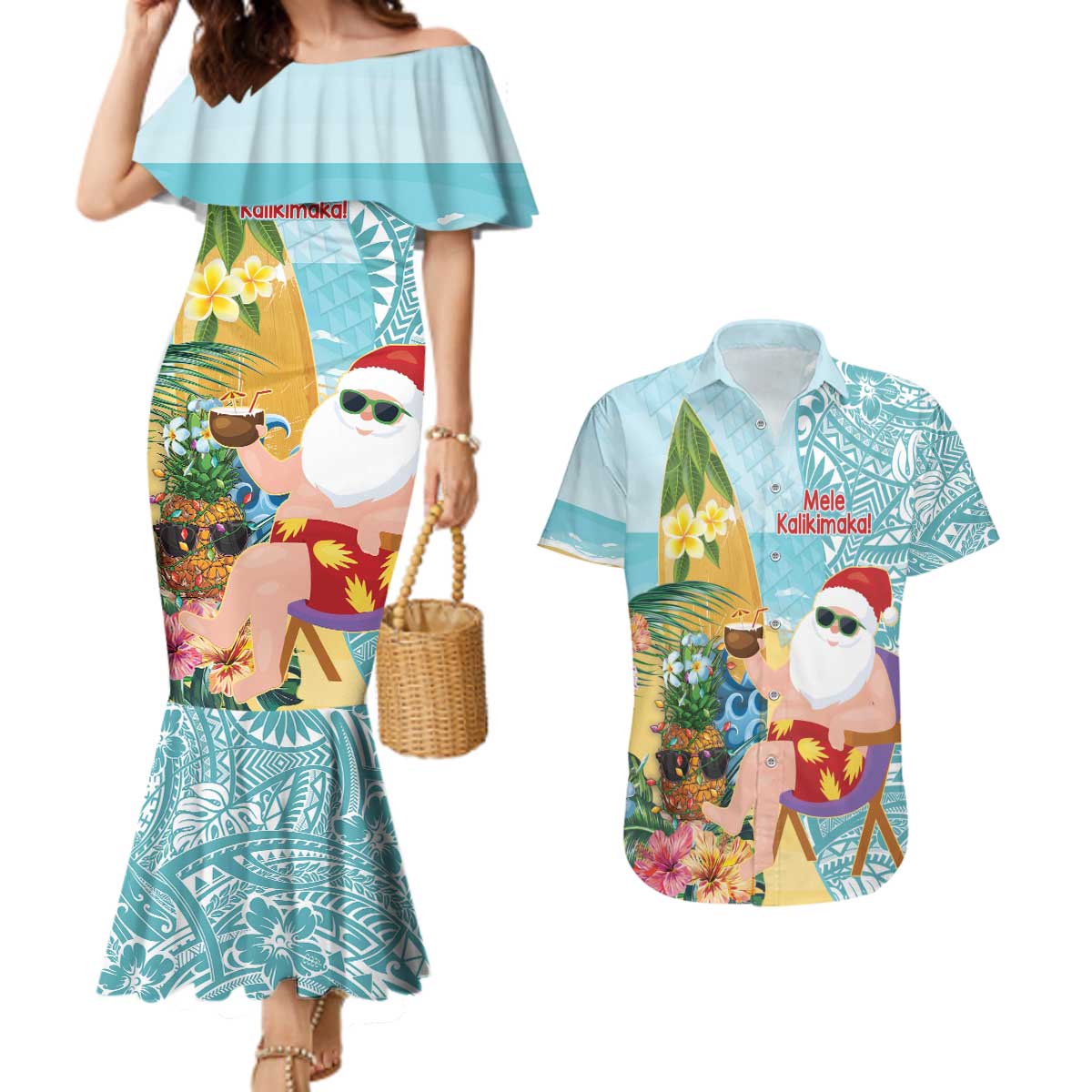 Aloha Hawaii Mele Kalikimaka Couples Matching Mermaid Dress and Hawaiian Shirt Chilling Santa With Pineapple - Polynesian Pattern