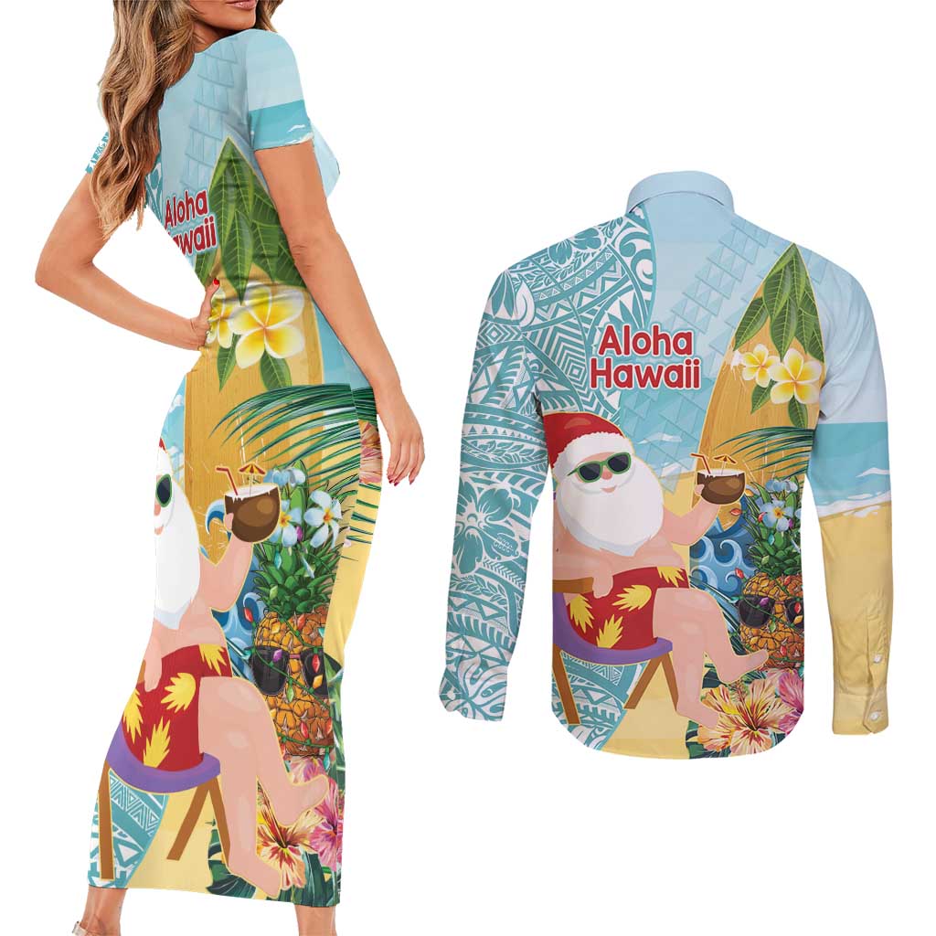 Aloha Hawaii Mele Kalikimaka Couples Matching Short Sleeve Bodycon Dress and Long Sleeve Button Shirt Chilling Santa With Pineapple - Polynesian Pattern