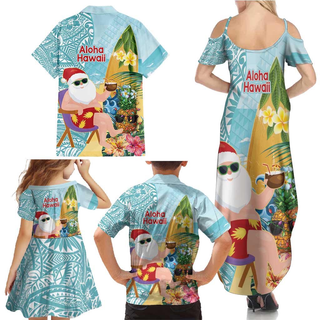 Aloha Hawaii Mele Kalikimaka Family Matching Summer Maxi Dress and Hawaiian Shirt Chilling Santa With Pineapple - Polynesian Pattern
