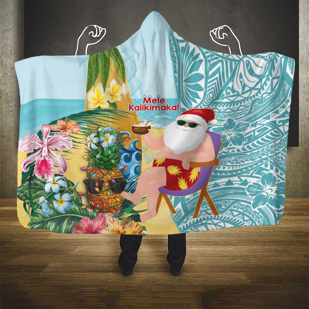 Aloha Hawaii Mele Kalikimaka Hooded Blanket Chilling Santa With Pineapple - Polynesian Pattern