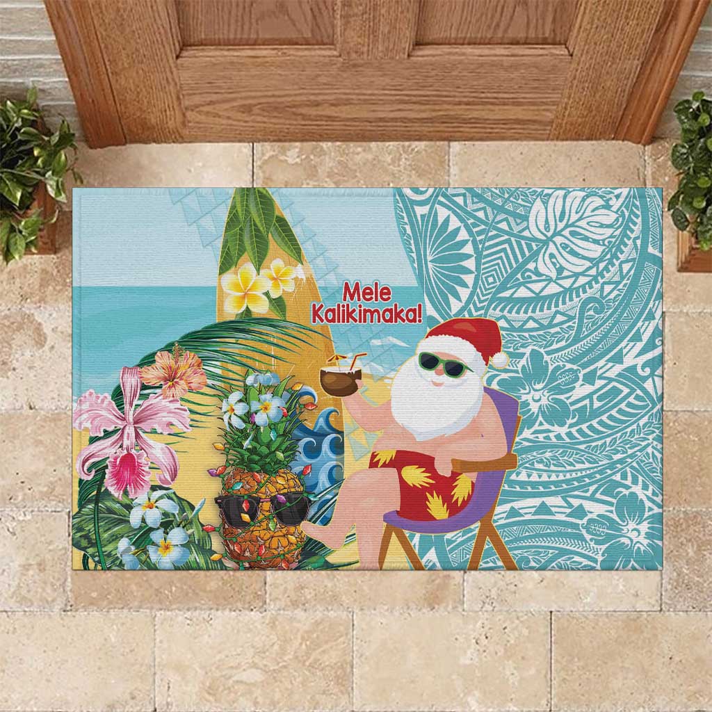 Aloha Hawaii Mele Kalikimaka Rubber Doormat Chilling Santa With Pineapple - Polynesian Pattern