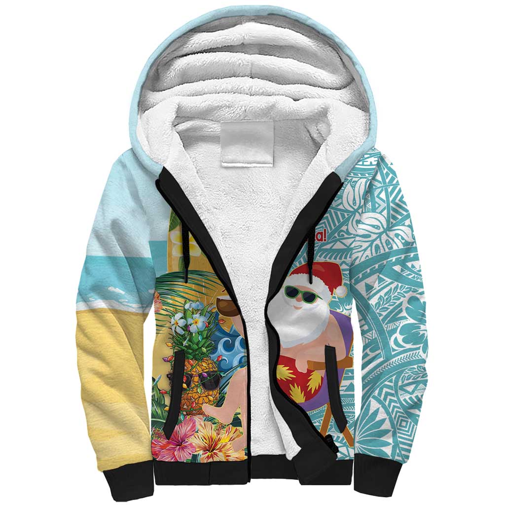 Aloha Hawaii Mele Kalikimaka Sherpa Hoodie Chilling Santa With Pineapple - Polynesian Pattern