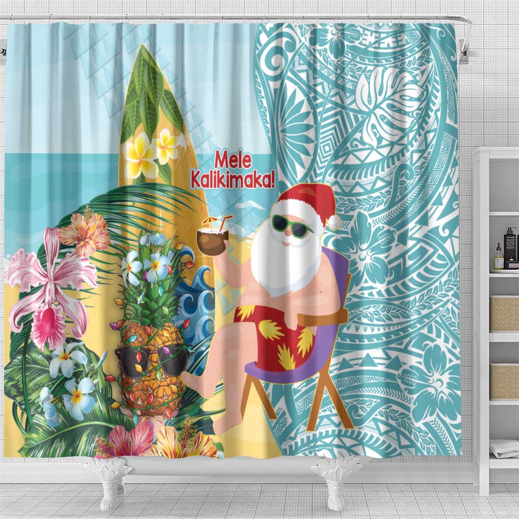 Aloha Hawaii Mele Kalikimaka Shower Curtain Chilling Santa With Pineapple - Polynesian Pattern