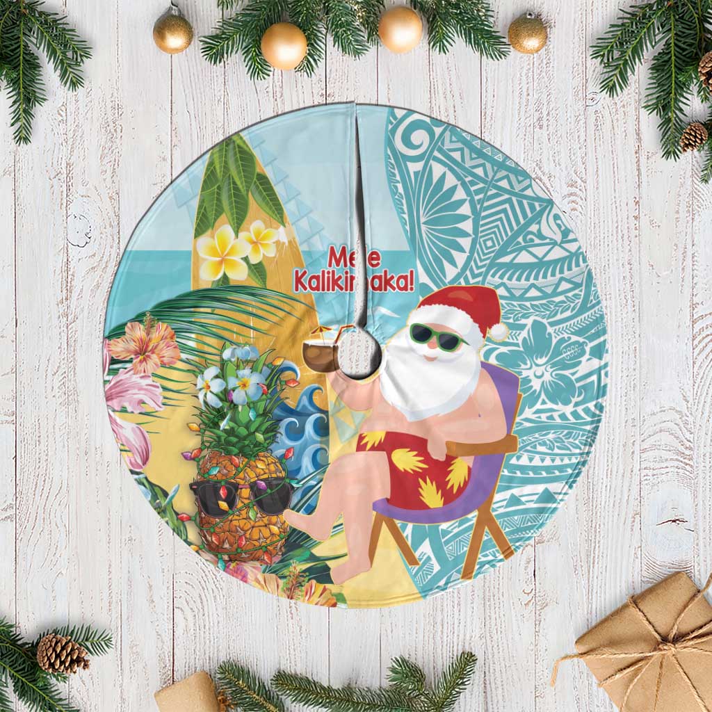 Aloha Hawaii Mele Kalikimaka Tree Skirt Chilling Santa With Pineapple - Polynesian Pattern