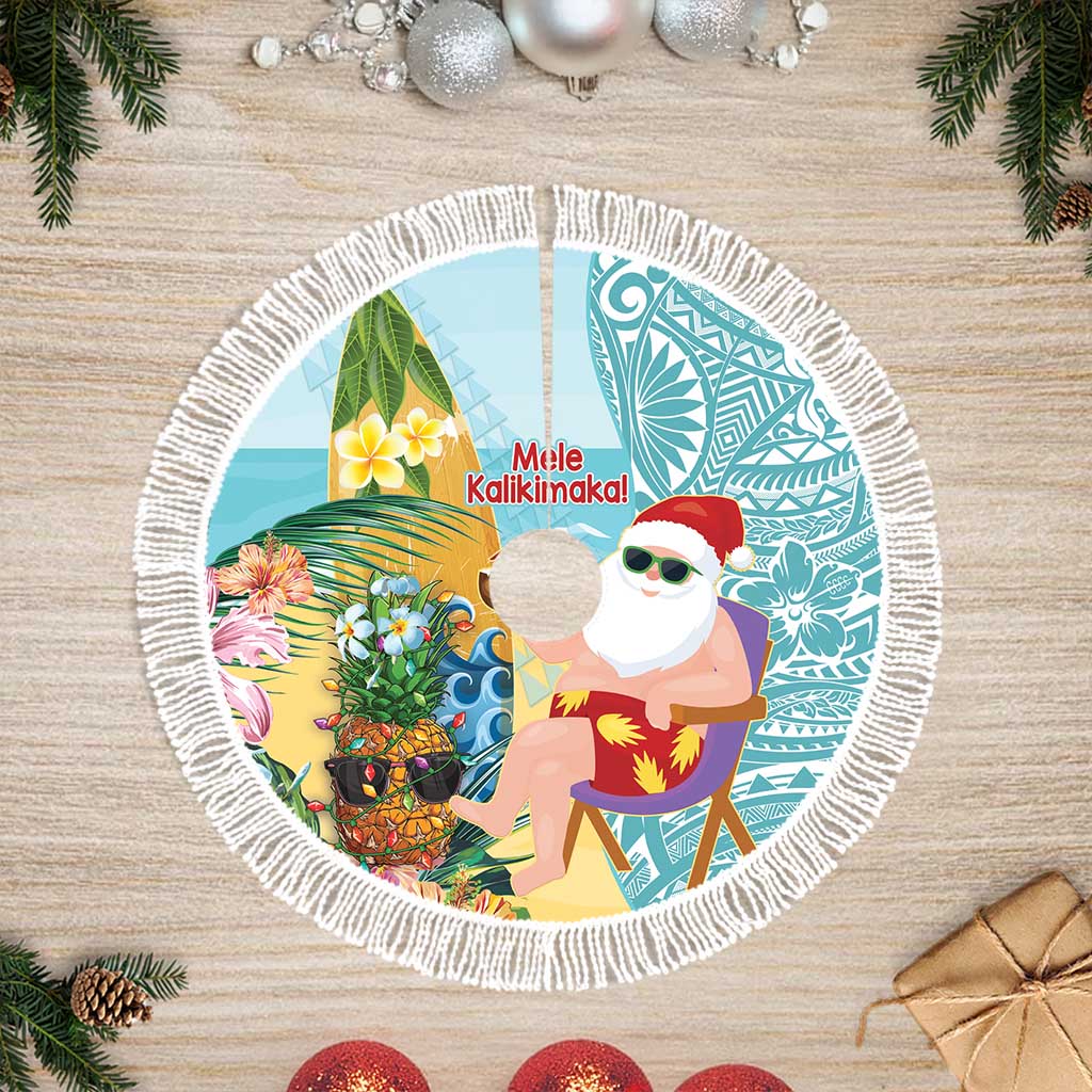 Aloha Hawaii Mele Kalikimaka Tree Skirt Chilling Santa With Pineapple - Polynesian Pattern
