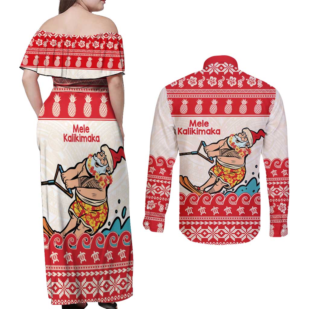 Mele Kalikimaka Hawaii Couples Matching Off Shoulder Maxi Dress and Long Sleeve Button Shirt Water-skiing Santa Tropical Vibes