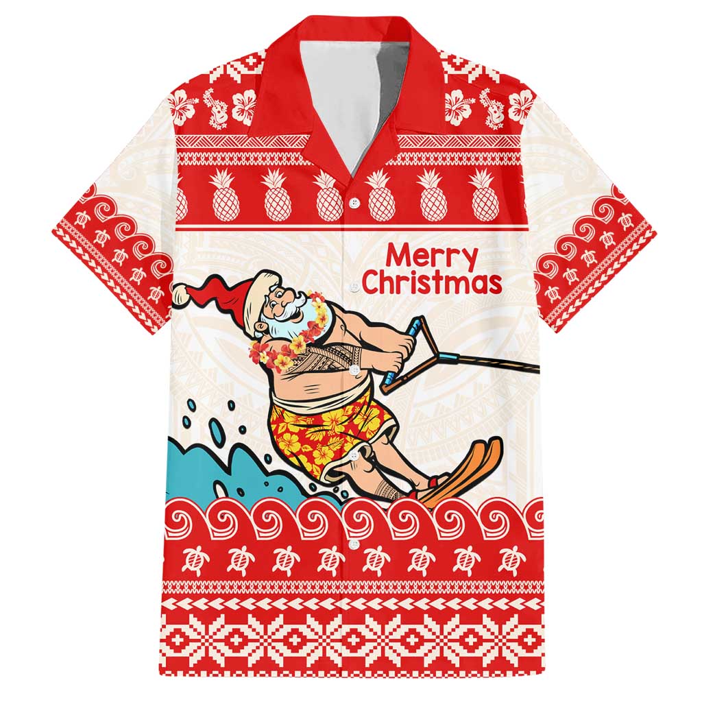 Mele Kalikimaka Hawaii Family Matching Short Sleeve Bodycon Dress and Hawaiian Shirt Water-skiing Santa Tropical Vibes