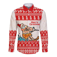 Mele Kalikimaka Hawaii Long Sleeve Button Shirt Water-skiing Santa Tropical Vibes LT14 Unisex Red - Polynesian Pride