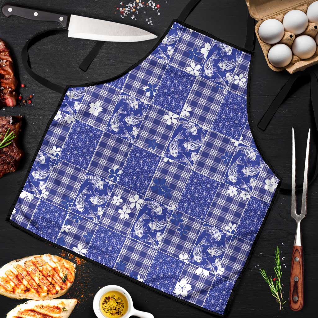 Blue Palaka Japanese Patterns Apron Koi Fish Asanoha Sakura Patchwork Stylized - Polynesian Pride