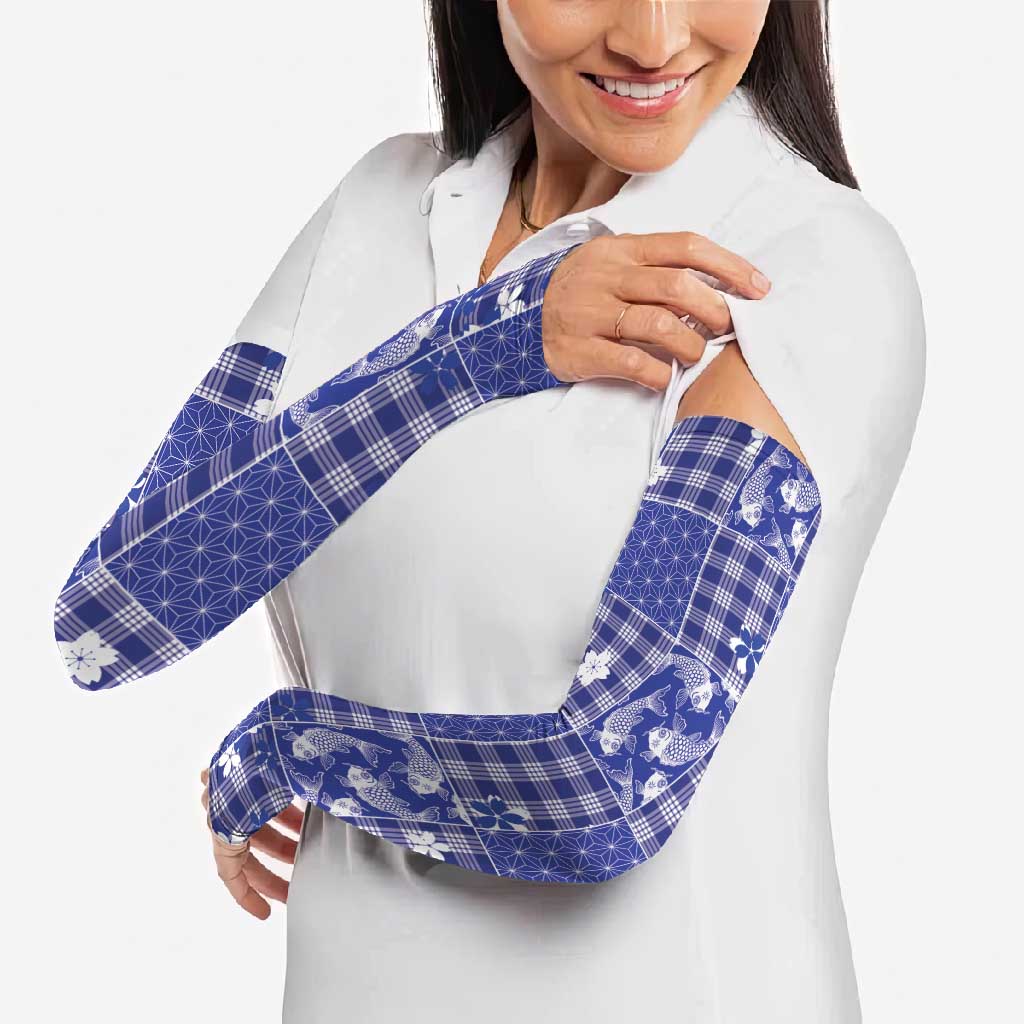 Blue Palaka Japanese Patterns Arm Sleeves Koi Fish Asanoha Sakura Patchwork Stylized - Polynesian Pride