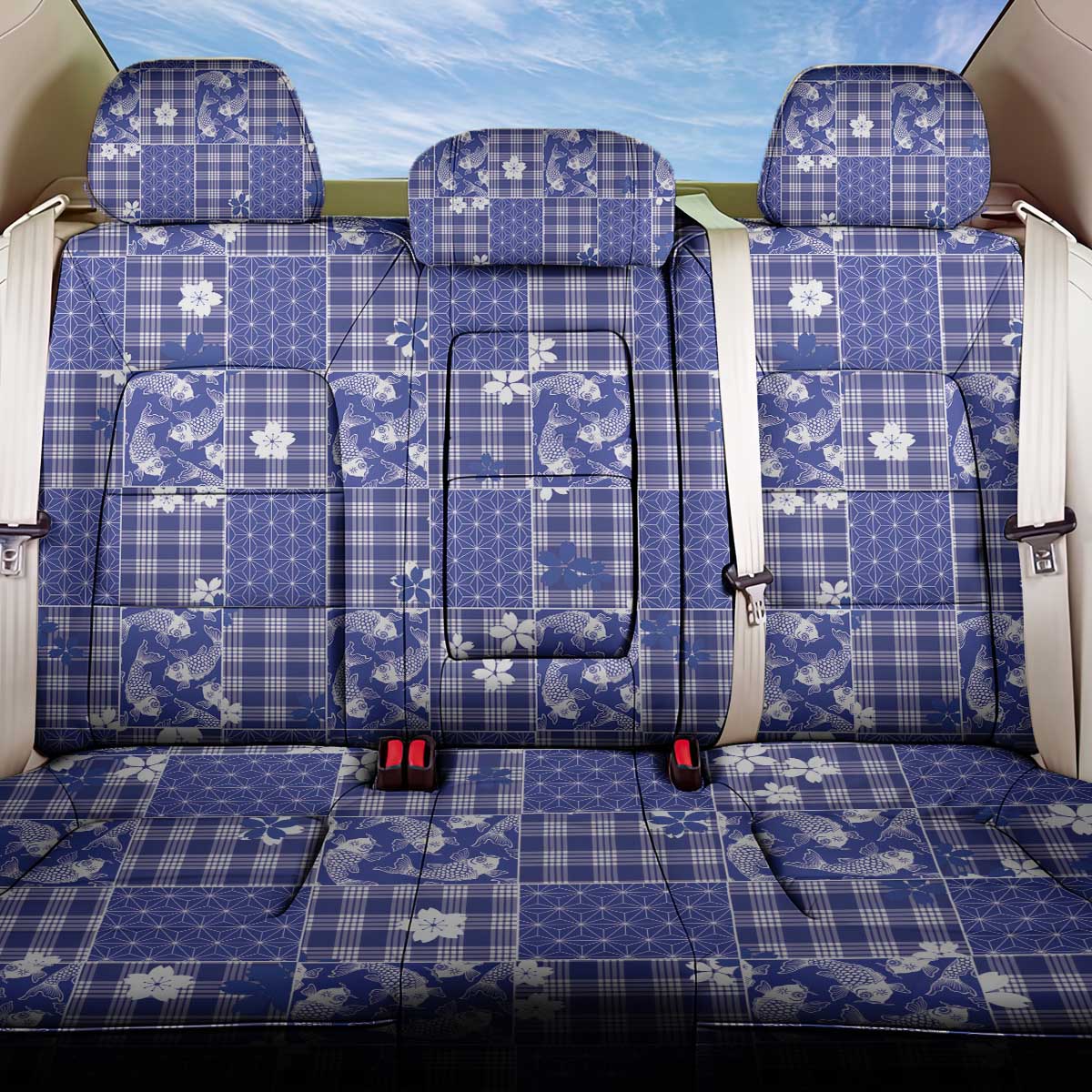 Blue Palaka Japanese Patterns Back Car Seat Cover Koi Fish Asanoha Sakura Patchwork Stylized - Polynesian Pride