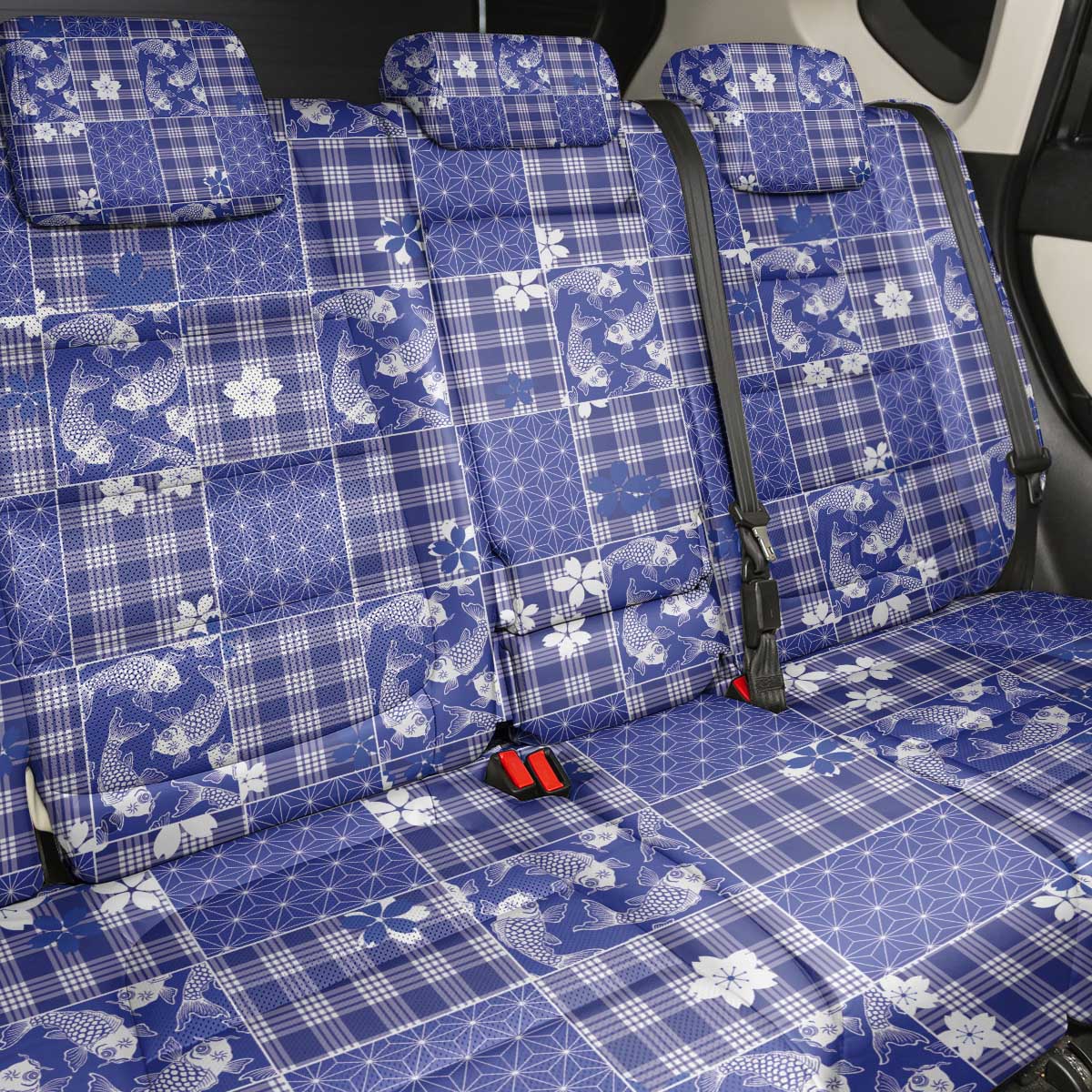 Blue Palaka Japanese Patterns Back Car Seat Cover Koi Fish Asanoha Sakura Patchwork Stylized - Polynesian Pride