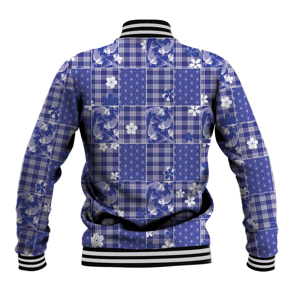 Blue Palaka Japanese Patterns Baseball Jacket Koi Fish Asanoha Sakura Patchwork Stylized - Polynesian Pride