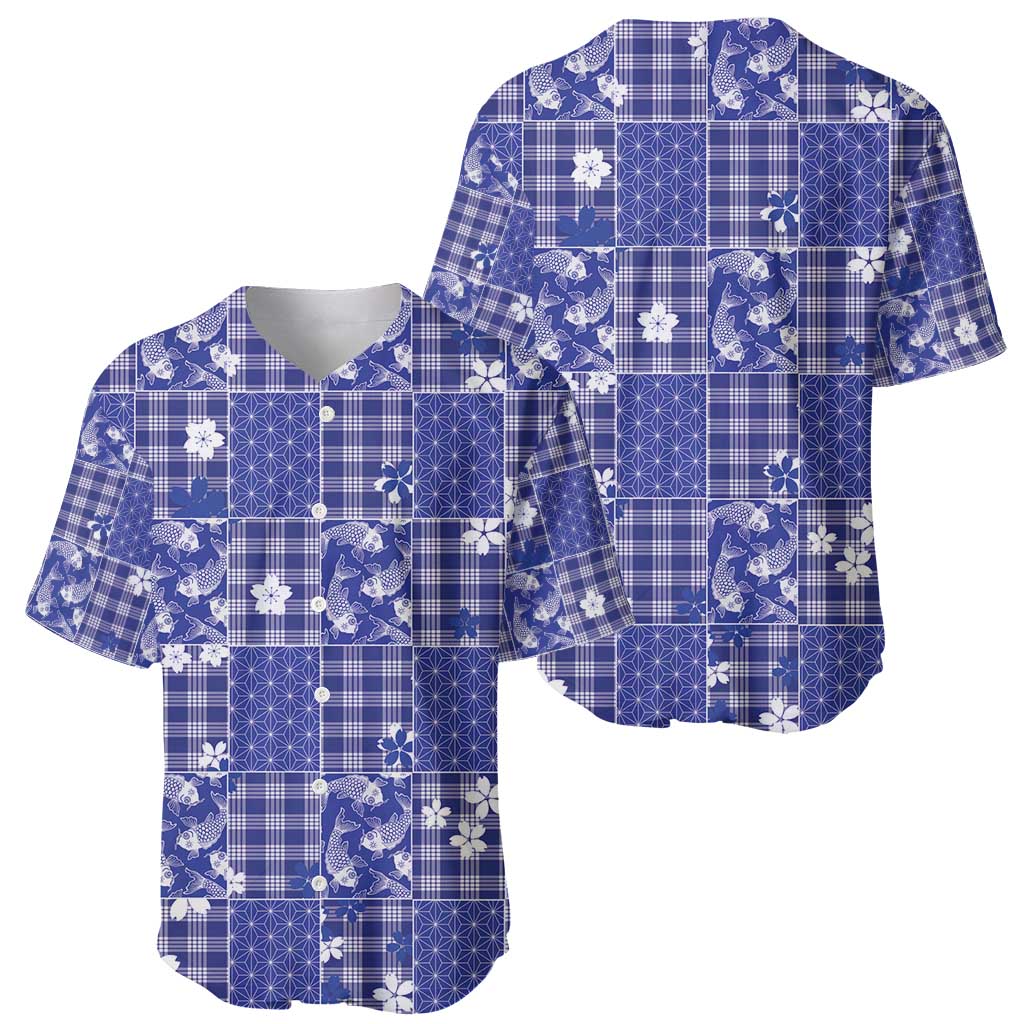 Blue Palaka Japanese Patterns Baseball Jersey Koi Fish Asanoha Sakura Patchwork Stylized LT14 - Polynesian Pride
