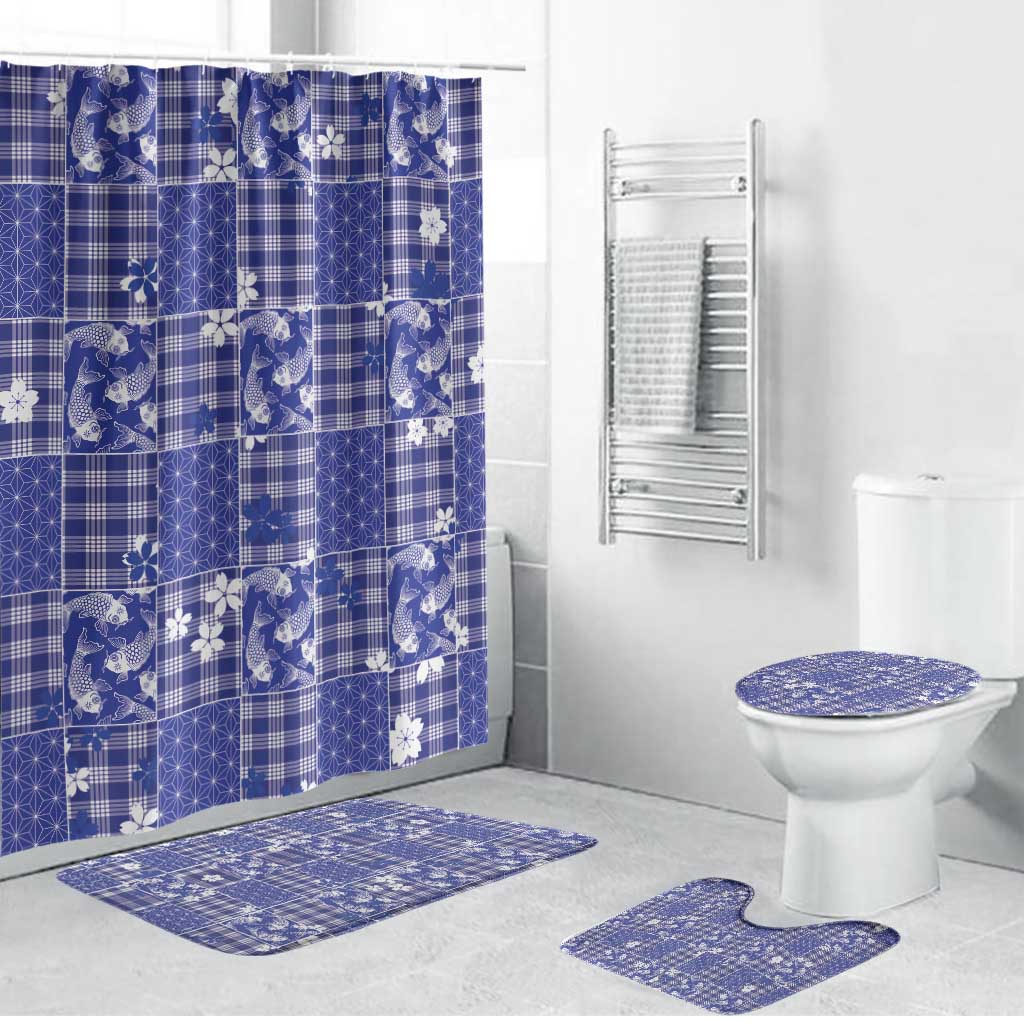 Blue Palaka Japanese Patterns Bathroom Set Koi Fish Asanoha Sakura Patchwork Stylized - Polynesian Pride