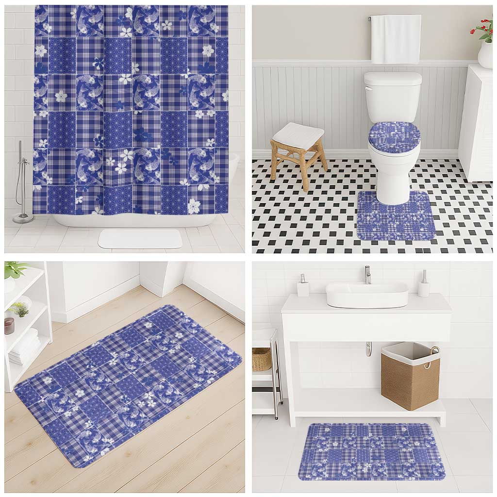 Blue Palaka Japanese Patterns Bathroom Set Koi Fish Asanoha Sakura Patchwork Stylized - Polynesian Pride