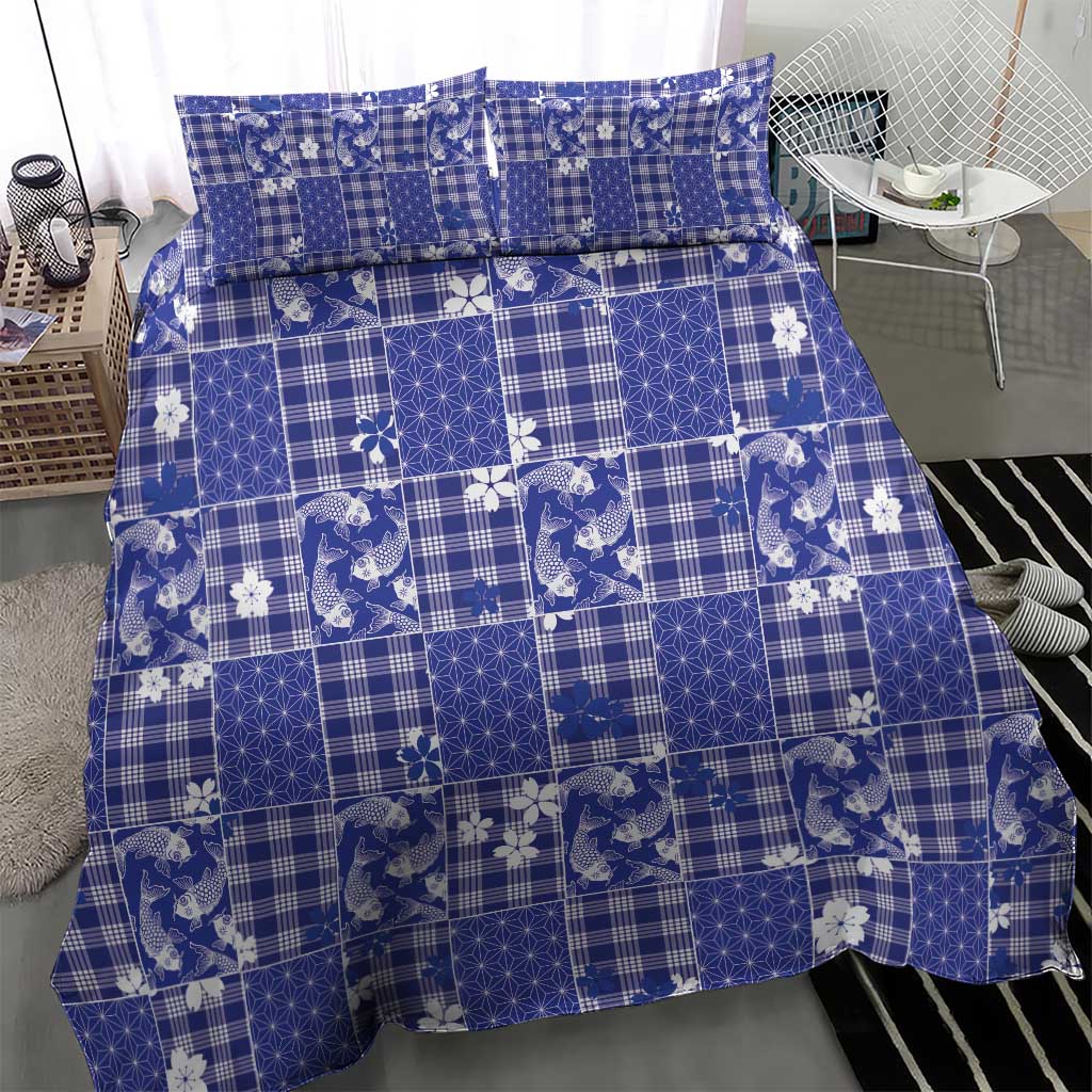 Blue Palaka Japanese Patterns Bedding Set Koi Fish Asanoha Sakura Patchwork Stylized - Polynesian Pride