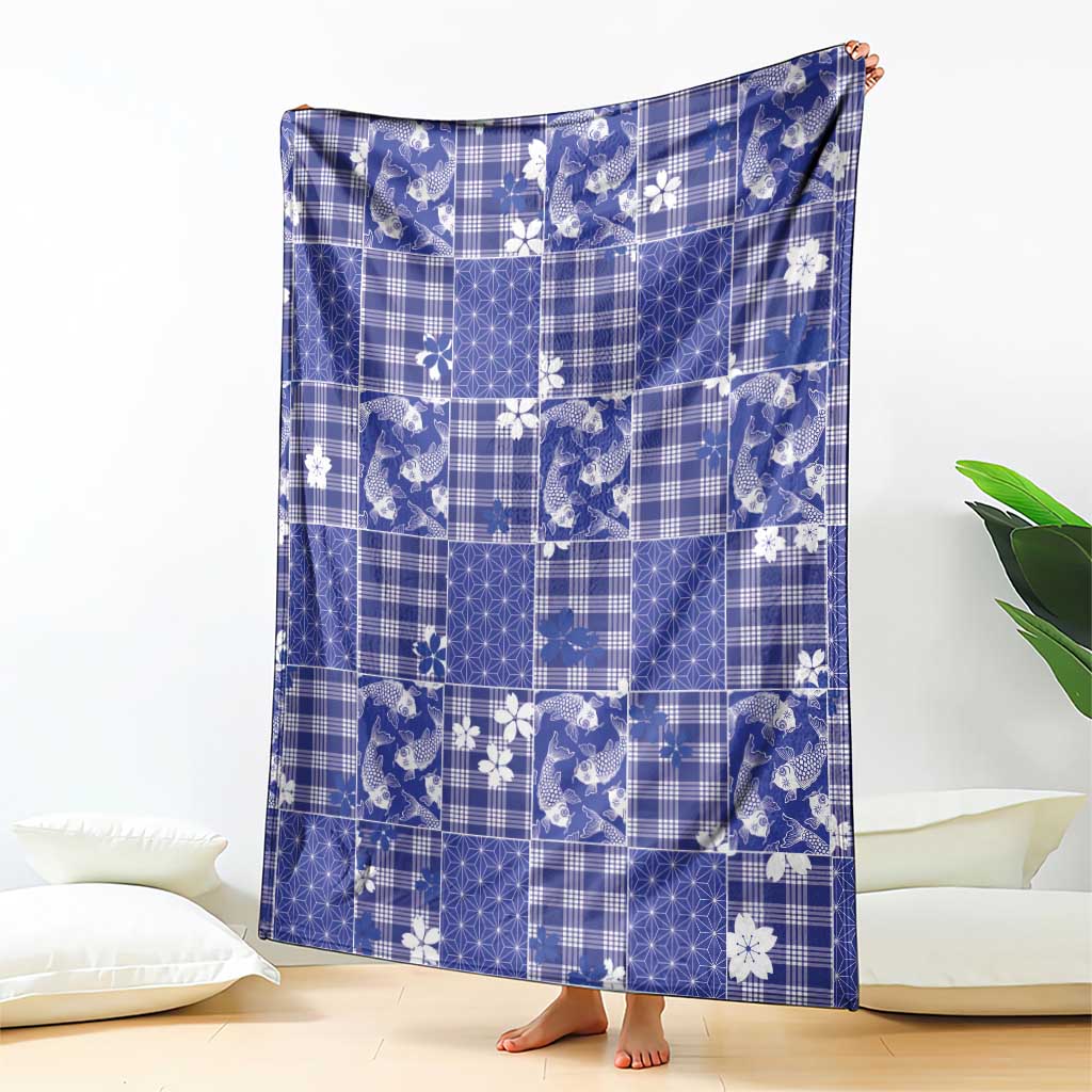 Blue Palaka Japanese Patterns Blanket Koi Fish Asanoha Sakura Patchwork Stylized LT14 - Polynesian Pride