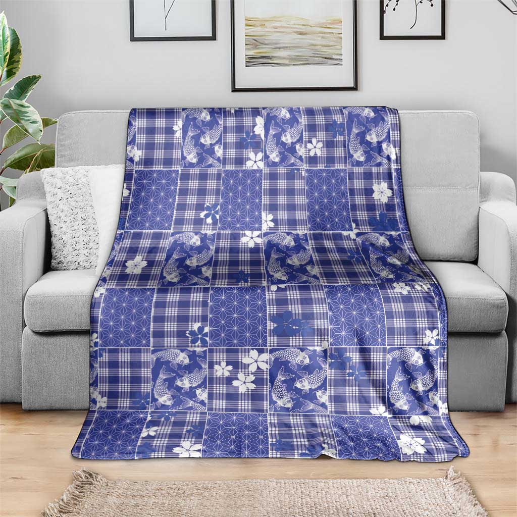 Blue Palaka Japanese Patterns Blanket Koi Fish Asanoha Sakura Patchwork Stylized LT14 - Polynesian Pride