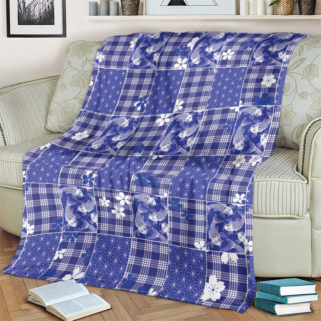 Blue Palaka Japanese Patterns Blanket Koi Fish Asanoha Sakura Patchwork Stylized LT14 - Polynesian Pride