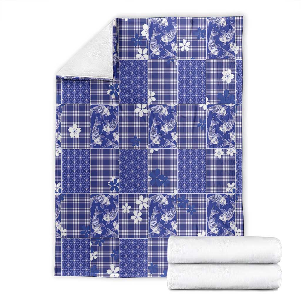 Blue Palaka Japanese Patterns Blanket Koi Fish Asanoha Sakura Patchwork Stylized LT14 - Polynesian Pride