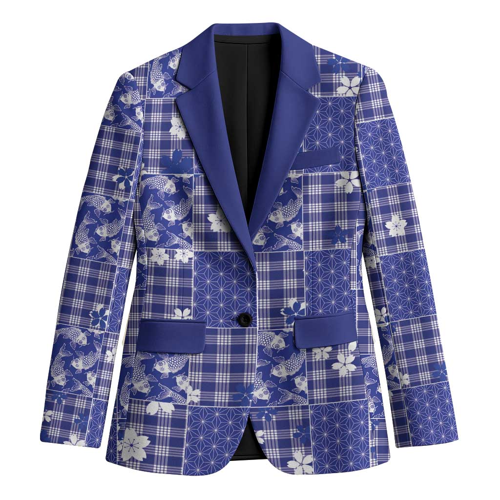 Blue Palaka Japanese Patterns Blazer Koi Fish Asanoha Sakura Patchwork Stylized LT14 Unisex Blue - Polynesian Pride