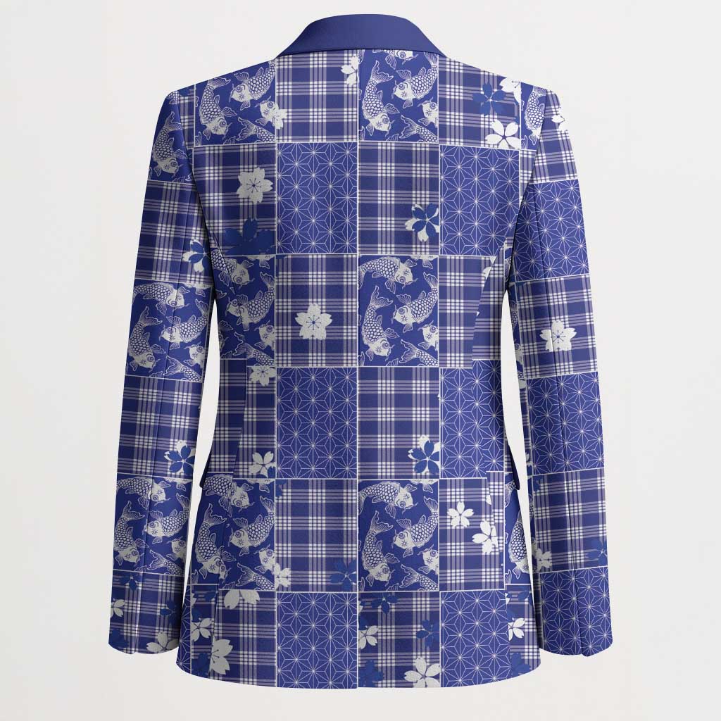 Blue Palaka Japanese Patterns Blazer Koi Fish Asanoha Sakura Patchwork Stylized LT14 - Polynesian Pride