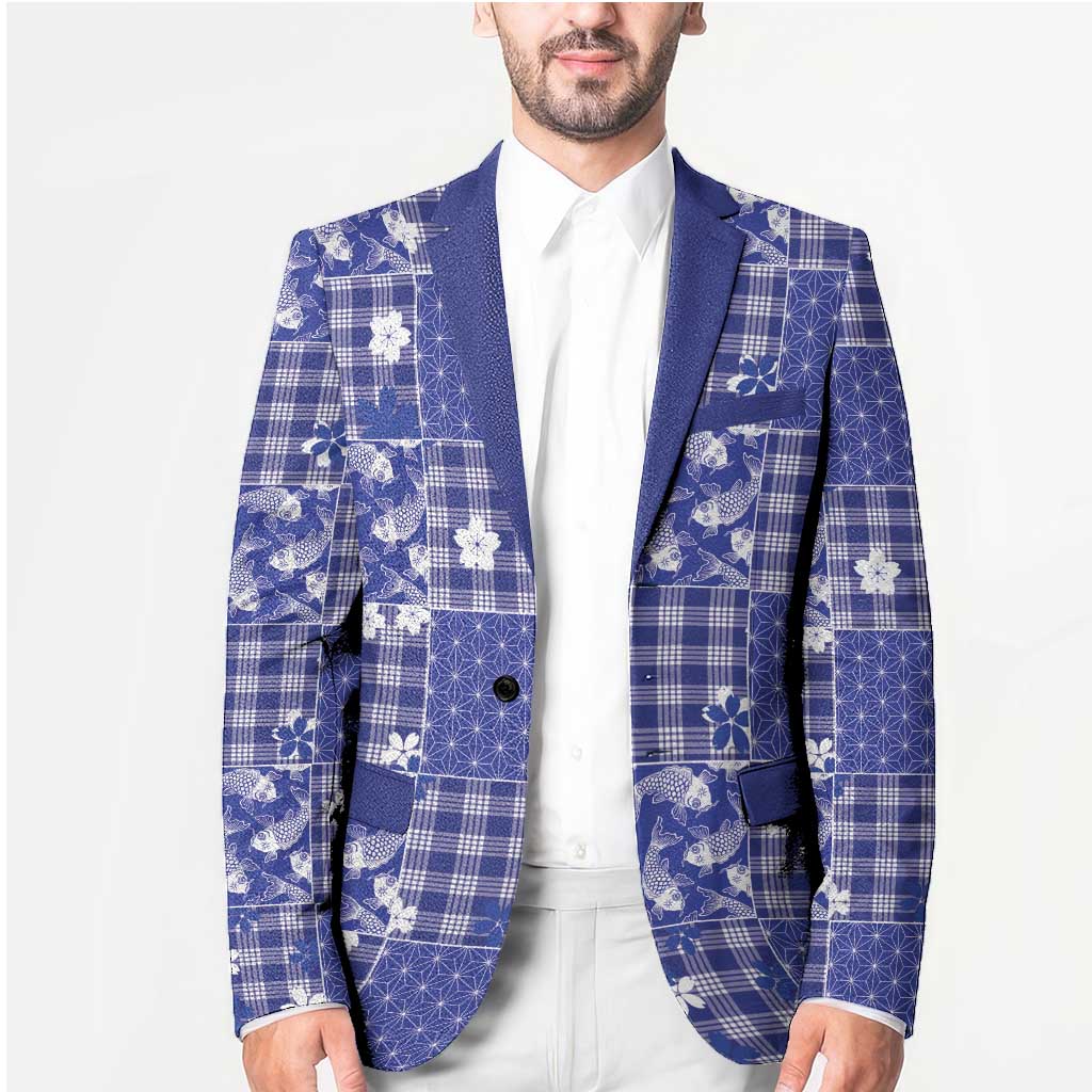 Blue Palaka Japanese Patterns Blazer Koi Fish Asanoha Sakura Patchwork Stylized LT14 - Polynesian Pride